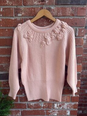Together Pink Floral Applique Ribbed Crewneck Sweater